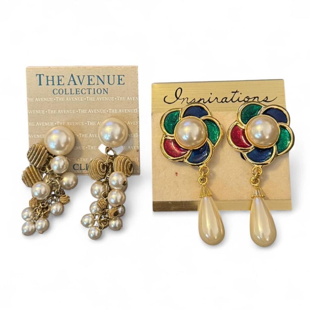 Vintage Clip On Earrings Dangle Bead Pearl Gold Statement Bundle